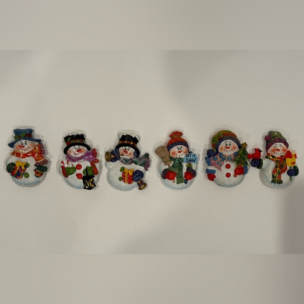 6 Vintage 2005 Snowman Figurine Ceramic Magnet Set